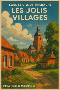 Affiche illustrée “Sous le ciel de Thiérache – Les jolis villages”, représentant un village thiérachien typique aux maisons en briques rouges, bordées de verdure, avec une église fortifiée dominant les toits.