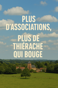 Affiche avec le slogan « Plus d’associations, plus de Thiérache qui bouge » inscrit en grandes lettres blanches au centre. En arrière-plan, une vue paisible de la campagne thiérachienne : prairies vertes, arbres et un village dominé par une église de brique sous un ciel bleu parsemé de nuages. L’image évoque la vitalité et la solidarité du territoire.