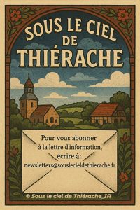 Affiche de style thiérachien illustrée comme une ancienne gravure. En haut, le titre “Sous le ciel de Thiérache” apparaît en grandes lettres courbes, encadré par un arc ornemental fleuri. En dessous, un paysage typique du bocage thiérachien : une église en briques avec son clocher arrondi, une maison traditionnelle à colombages, des arbres et des collines sous un ciel bleu nuageux. Au premier plan, une grande enveloppe blanche occupe le centre.