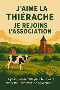 Affiche de l’association « Sous le ciel de Thiérache » montrant un paysage bocager typique : collines vertes, arbres, fermes et une église en arrière-plan. Une vache se tient au premier plan, illustrant l’identité rurale du territoire. Les textes invitent à rejoindre l’association et à agir ensemble pour faire vivre le patrimoine et les paysages de la Thiérache.
