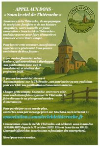 Affiche intitulée « Appel aux dons – Sous le ciel de Thiérache ». En haut à droite figure le logo rond de l’association représentant un paysage bocager avec une église. Le fond vert présente une illustration d’église fortifiée au milieu de la campagne thiérachienne. Le texte invite les amoureux de la Thiérache à soutenir la jeune association par des dons financiers ou matériels afin de développer ses publications et projets.