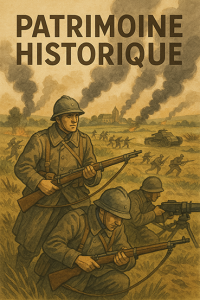 Affiche au style illustré montrant des soldats français de la Seconde Guerre mondiale en uniforme bleu et casque Adrian, avançant en terrain découvert sous un ciel enfumé