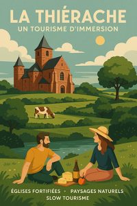 Affiche promotionnelle illustrant la Thiérache comme territoire de tourisme d’immersion, avec une église fortifiée au cœur du bocage, une vache pâturant dans les prés et un couple pique-niquant au bord d’un ruisseau. L’image met en valeur le patrimoine bâti, les paysages naturels et le slow tourisme, symbolisés par la nature verdoyante, le Maroilles et la convivialité rurale.