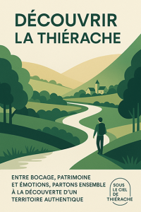 Affiche moderne intitulée « Découvrir la Thiérache ». Elle montre un promeneur marchant sur un chemin clair serpentant à travers un paysage de bocage verdoyant et vallonné, bordé d’arbres et d’une rivière.