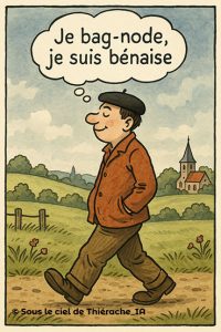 La petite magie du patois a parfois le chic pour tracer un sourire avant même qu’on s’en rende compte. Ton “bag-noder” avait déjà un pied sur le chemin, il ne restait plus qu’à lui donner un décor thiérachien et une pensée bénaise pour qu’il prenne vie.