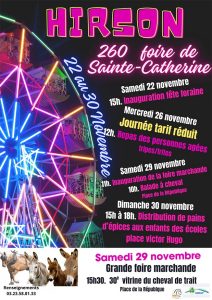 Affiche colorée de la 260ᵉ foire de la Sainte-Catherine à Hirson, décorée d’une grande roue illuminée aux néons. Les dates, du 22 au 30 novembre, sont indiquées en vertical. Le programme mentionne l’inauguration de la fête foraine, une journée à tarif réduit, un repas pour les personnes âgées, l’inauguration de la foire marchande, une balade à cheval et la distribution de pains d’épices aux enfants des écoles. En bas de l’affiche, des chevaux et des ânes annoncent la grande foire marchande et la vitrine du cheval de trait. Le logo de la ville d’Hirson apparaît dans le coin inférieur droit.