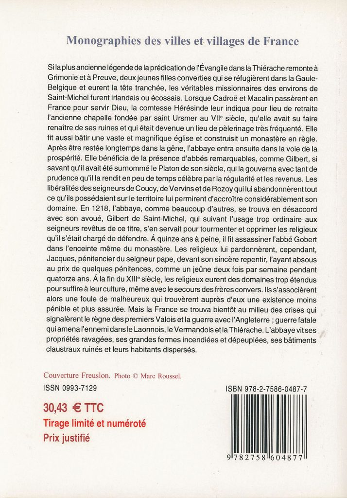 Couverture du livre « Histoire de Saint-Michel en Thiérache – Tome I » d’Alfred Desmasures. La page présente le titre sur fond beige et une photographie de l’ancienne abbaye de Saint-Michel, avec ses bâtiments en briques et pierre au bord de l’eau.