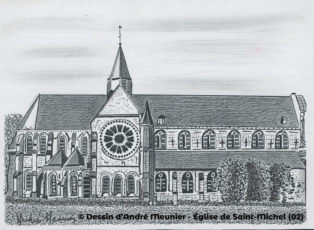 Dessin en noir et blanc de l’église de Saint-Michel (Aisne), réalisé par André Meunier. La façade met en valeur une grande rosace centrale entourée d’arcades et de baies gothiques. Le clocher élancé domine le bâtiment, tandis que les toitures en ardoise et les détails du parement en pierre sont finement rendus. À droite, une rangée régulière de fenêtres éclaire la nef. Au premier plan, des arbustes et une haie structurent la scène.