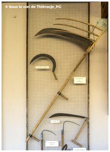 Panneau d’exposition dédié aux outils de coupe au musée de la vie rurale et forestière de Saint-Michel. Une grande faux montée, dite “javeleuse”, est accrochée verticalement, accompagnée de plusieurs lames courbes : une faucille “volant”, une sape et deux crochets de “sapeurs”. Les outils sont présentés sur un treillis métallique, chacun étiqueté, illustrant les techniques traditionnelles de moisson et de fauchage en Thiérache.