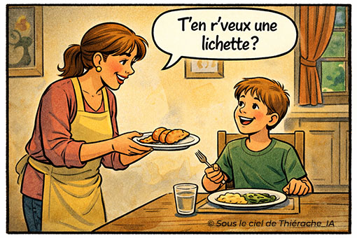 Bande dessinée en une seule case montrant une mère debout à gauche qui propose à manger à son fils assis à table. Elle lui dit : « T’en r’veux une lichette ? ». Le garçon sourit devant son assiette dans une cuisine familiale.