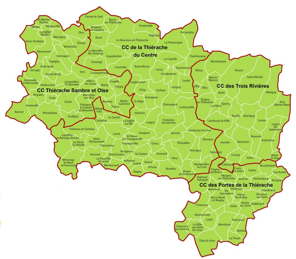 Carte illustrant les intercommunalités de la Thiérache, dans le département de l’Aisne. Le territoire est découpé en communes, chacune délimitée par des traits blancs sur un fond vert. Quatre communautés de communes y sont nommées en lettres noires : « CC Thiérache Sambre et Oise » à l’ouest, « CC de la Thiérache du Centre » au centre, « CC des Trois Rivières » au nord-est, et « CC des Portes de la Thiérache » au sud-est. Le contour extérieur du territoire est marqué par un trait rouge. Chaque commune est identifiable et porte son nom.