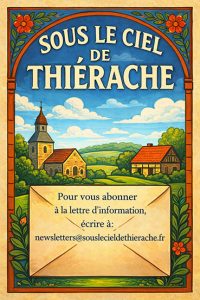 Affiche illustrée modernisée et lumineuse intitulée « Sous le ciel de Thiérache ». Le visuel représente un paysage de bocage verdoyant avec collines, champs et arbres, au centre duquel apparaissent une église de village et une maison traditionnelle. L’ensemble est encadré par un décor floral stylisé aux couleurs vives. En bas de l’affiche, une grande enveloppe illustrée contient le texte : « Pour vous abonner à la lettre d’information, écrire à : newsletters@souslecieldethierache.fr ». L’affiche évoque une ambiance chaleureuse, patrimoniale et accueillante, invitant à s’abonner à la newsletter de Sous le ciel de Thiérache