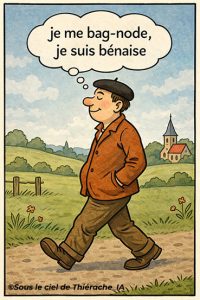 Bande dessinée en une seule case : un homme marche tranquillement sur un chemin de campagne, les mains dans les poches, avec un air satisfait. Il pense « je me bag-node, je suis bénaise ». En arrière-plan, on distingue un paysage rural vallonné avec des prés, une clôture et l’église d’un village.
