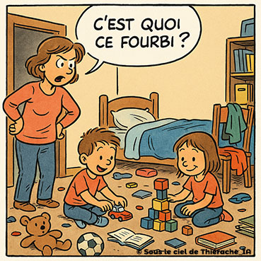 Mère debout dans l’encadrement de la porte, mains sur les hanches, disant « C’est quoi ce fourbi ? ». Devant elle, dans une chambre en désordre, deux enfants assis sur le sol jouent avec une petite voiture et des cubes colorés, entourés de jouets, livres et vêtements éparpillés.