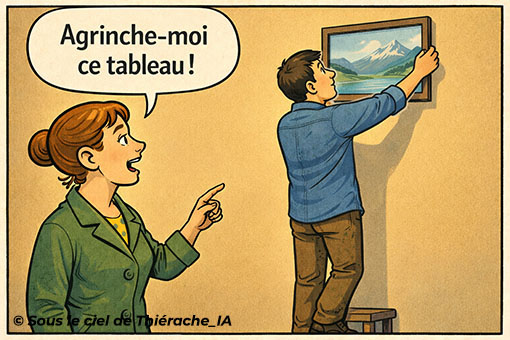 Bande dessinée en une seule case : une femme, à gauche, demande à son mari « Agrinche-moi ce tableau ! ». À droite, le mari est monté sur un tabouret et accroche un tableau en hauteur sur le mur, dans un intérieur au style bande dessinée