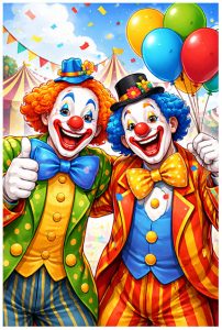 Affiche avec deux clowns souriants, l’un aux cheveux orange et costume vert à pois, l’autre aux cheveux bleus et costume rayé orange, posent côte à côte devant un chapiteau de cirque coloré, avec des ballons multicolores et des confettis dans le ciel.