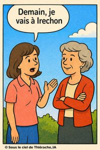 ande dessinée en une seule case aux couleurs rafraîchies : deux femmes discutent en extérieur. Celle de gauche, plus jeune, gesticule en parlant tandis que celle de droite, plus âgée, écoute en souriant les bras croisés. En arrière-plan, un ciel bleu et de la verdure. Une bulle de dialogue indique : « Demain, je vais à Irechon ».