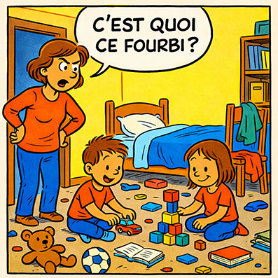 Bande dessinée en une seule case : dans une chambre d’enfant aux couleurs vives, une mère se tient sur la gauche, les mains sur les hanches, visiblement agacée. Elle s’adresse à ses deux enfants assis par terre au milieu d’un grand désordre de jouets, livres et cubes empilés. Le garçon joue avec une petite voiture, la fille construit une tour de cubes. Un lit est défait à l’arrière-plan. Une bulle de dialogue indique : « C’est quoi ce fourbi ? ».