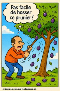 Bande dessinée en une seule case aux couleurs vives : un homme se tient dans un verger et tente de faire tomber des prunes en hos­sant un prunier à l’aide d’un long bâton. Des prunes violettes chutent autour de lui sur l’herbe verte. Le ciel est bleu, l’arbre bien feuillu. L’homme, concentré et un peu contrarié, pense dans une bulle : « Pas facile de hosser ce prunier ! »