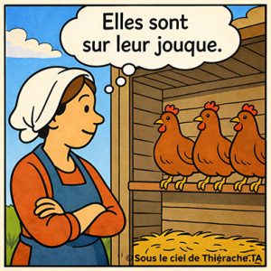 Bande dessinée en une seule case aux couleurs vives : une fermière se tient de profil, les bras croisés, et observe trois poules perchées sur un perchoir à l’intérieur d’un poulailler en bois. Elle porte un foulard blanc et un tablier bleu. À l’arrière-plan, on distingue le ciel bleu et de la verdure. Une bulle de pensée indique : « Elles sont sur leur jouque. ».