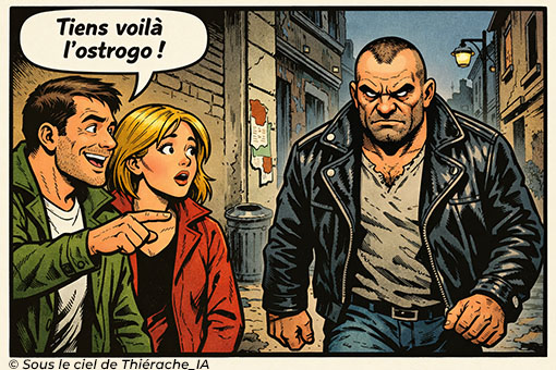 Bande dessinée en une seule case : à gauche, un homme montre quelqu’un du doigt et dit à une femme surprise : « Tiens voilà l’ostrogo ! ». À droite, dans une rue étroite, un homme à pied avance d’un air sombre, avec une tête patibulaire et une allure inquiétante.