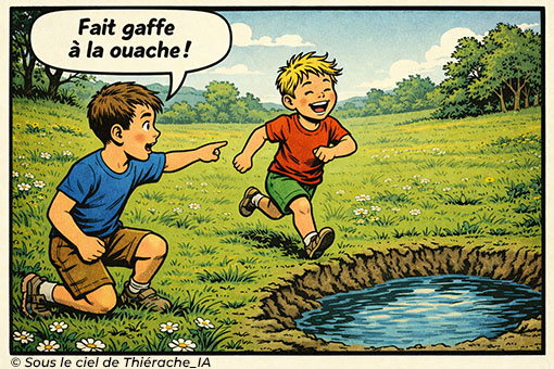 Bande dessinée en une seule case : deux enfants jouent dans un pré verdoyant. Celui de gauche, accroupi et pointant du doigt, avertit son copain en disant : « Fait gaffe à la ouache ! ». À droite, l’autre enfant court en riant vers un trou rempli d’eau visible dans l’herbe.
