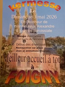 Affiche annonçant une kermesse à Foigny, avec en arrière-plan une ancienne abbaye aux tours imposantes. Le texte indique : « Kermesse – Dimanche 3 mai 2026 », en l’honneur d’Alexandre, avec une journée paroissiale. Programme : messe dominicale à 10h30 sur le site de l’ancienne abbaye, puis début des divertissements à 11h30 avec restauration sur place, jeux et animations. Mention en bas : « Meilleur accueil à tous à Foigny ».