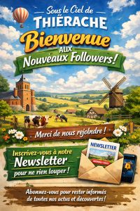 Affiche colorée de l’association Sous le ciel de Thiérache souhaitant la bienvenue aux nouveaux abonnés. Sur un fond de paysage thiérachien avec bocage, vaches, moulin et église fortifiée, le message principal indique « Bienvenue aux nouveaux followers ». En bas, un appel invite à s’inscrire à la newsletter pour suivre l’actualité et les découvertes locales.