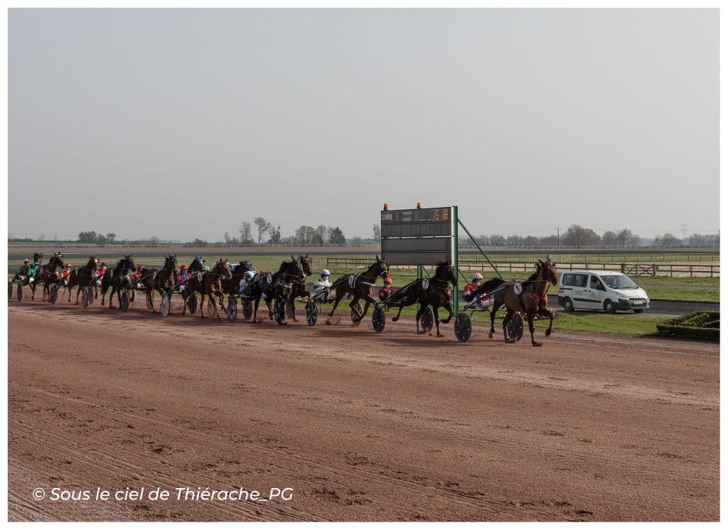 Course de trot attelé à l’hippodrome international de La Capelle en Thiérache. Une longue file de chevaux tirant leurs sulkys progresse sur la piste de sable sous la conduite de leurs drivers aux casaques colorées, avec le tableau d’affichage et les paysages ouverts de Thiérache en arrière-plan.