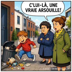 Illustration humoristique de style bande dessinée montrant un jeune garçon turbulent courant dans une rue résidentielle après avoir renversé une poubelle et éparpillé des déchets sur le trottoir. Deux femmes le regardent avec désapprobation, tandis qu’une bulle de dialogue affiche : « Celui là ! Une vraie arsouille ». La scène illustre le mot de patois thiérachien « arsouille », désignant un enfant qui fait des bêtises.