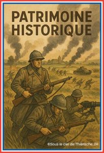 Illustration de style rétro consacrée au patrimoine historique de la Thiérache. L'affiche représente des soldats d'infanterie en uniforme progressant sur un champ de bataille, fusil en main, tandis que des chars avancent à l'arrière-plan sous un ciel assombri par les fumées des combats. Le titre « Patrimoine historique » apparaît en grandes lettres en haut de l'image. Réalisée dans des tons sépia rappelant les anciennes affiches, cette illustration évoque la mémoire des conflits qui ont marqué la Thiérache, notamment les deux guerres mondiales, et rend hommage aux femmes et aux hommes qui ont vécu ces événements. Le logo « Sous le ciel de Thiérache IA » figure en bas de l'illustration.
