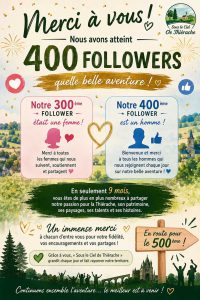 Affiche de remerciement de l'association Sous le Ciel de Thiérache célébrant l'atteinte de 400 followers sur Facebook. Le visuel met en scène un paysage de Thiérache avec confettis et feux d'artifice, accompagné du message « Merci à vous ! ». Il rappelle que le 300ᵉ follower était une femme et que le 400ᵉ est un homme, remercie les abonnés pour leur fidélité depuis 9 mois et invite la communauté à poursuivre l'aventure avec un nouvel objectif de 500 followers afin de promouvoir le patrimoine naturel, historique et culturel de la Thiérache.