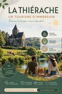 Affiche promotionnelle intitulée « La Thiérache – Un tourisme d’immersion » avec le slogan « Prenez le temps, vivez l’essentiel ». Au premier plan, un couple profite d'un pique-nique au bord d'une rivière dans un paysage verdoyant. À l'arrière-plan se dresse une église fortifiée typique de la Thiérache, entourée de prairies bocagères où paît une vache. Des pictogrammes mettent en avant les églises fortifiées, les paysages naturels et le slow tourisme. Un encart invite à se reconnecter à la nature, au patrimoine et à l'authenticité. En bas de l'affiche sont illustrés les thèmes balades et randonnées, patrimoine et histoire, saveurs locales et rencontres authentiques, ainsi que la mention Thiérache – Aisne | Nord | Ardennes | Belgique et l'adresse