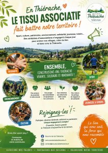 Affiche de sensibilisation mettant en valeur le tissu associatif en Thiérache sur un fond de paysage bocager traversé par une rivière et dominé par un village typique. Le visuel met en avant les domaines de la solidarité, du sport, de l'environnement, de la culture, de la jeunesse et des loisirs à travers des photographies illustrant l'engagement des bénévoles. Le message principal rappelle que les associations font vivre les communes, créent du lien social et participent au dynamisme du territoire. L'affiche invite chacun à devenir bénévole, adhérent ou partenaire pour construire une Thiérache vivante, solidaire et innovante, avec les coordonnées du site Sous le ciel de Thiérache et un appel à contacter sa mairie pour découvrir les associations locales.