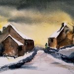Aquarelle représentant un hameau de Thiérache sous la neige, avec des maisons rurales bordant un chemin, sous un ciel sombre éclairé de nuances dorées.