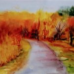 Aquarelle représentant une petite route sinueuse traversant un paysage de Thiérache aux couleurs flamboyantes de l’automne, entre arbres dénudés, haies et végétation dorée.
