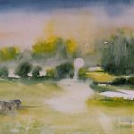 Aquarelle représentant un paisible paysage bocager de Thiérache, avec des vaches dans une prairie, des haies et des arbres se fondant dans une douce brume.