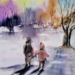 Aquarelle représentant deux enfants se tenant par la main au bord d’un étang gelé, dans un paysage hivernal coloré où leurs longues ombres s’étirent sur la neige.