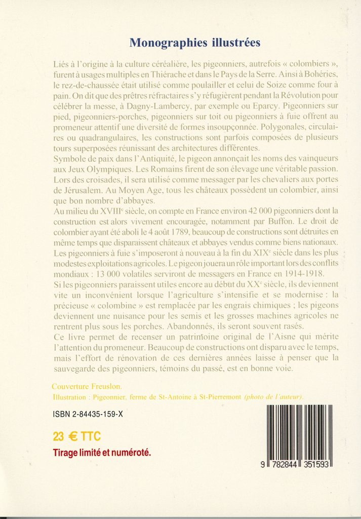 Quatrième de couverture du livre Les Pigeonniers de Thiérache et du Pays de la Serre, présentant l’histoire, les usages et la diversité architecturale des pigeonniers de l’Aisne.